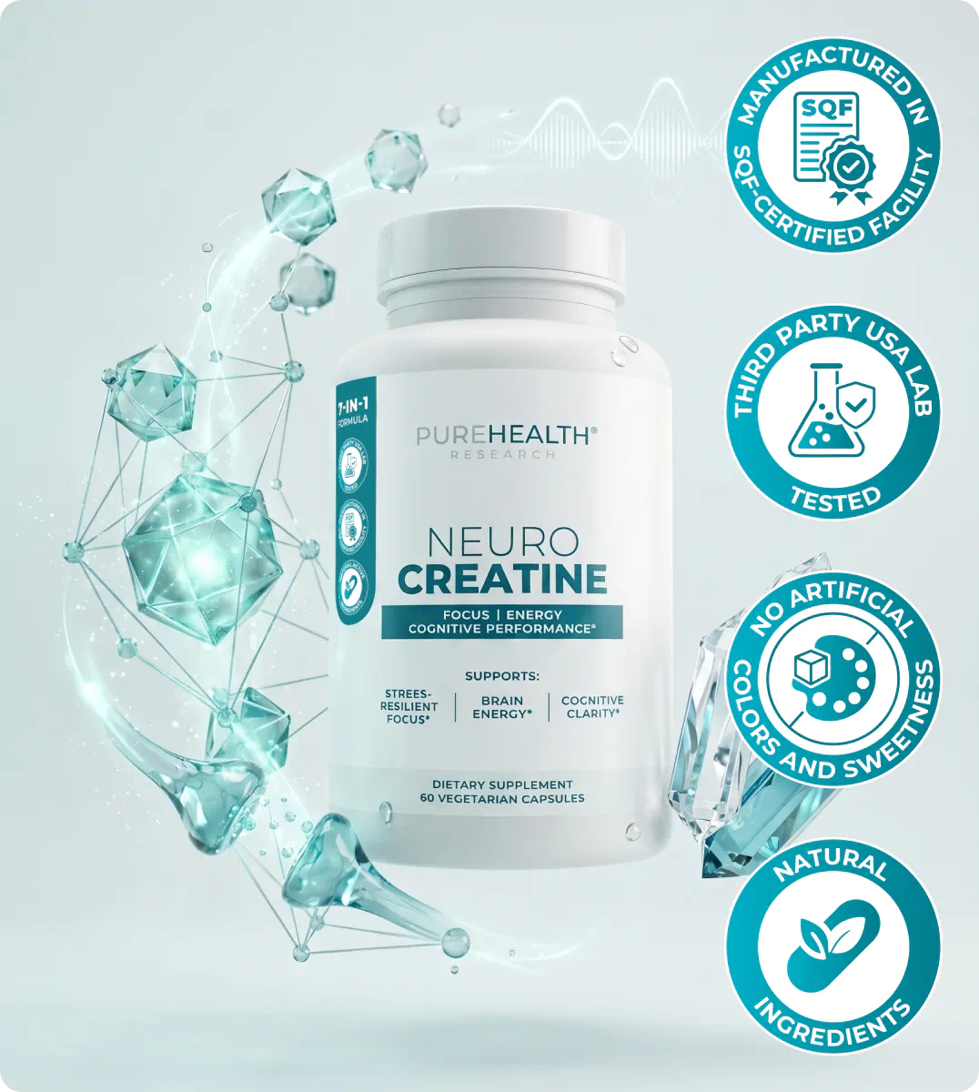 NeuroCreatine bottle with quality badges